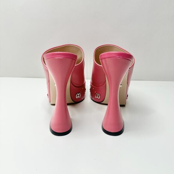 Gucci Janaya Studded GG 39.5/US 9 Platform Sandals Rhodamine Pink Spool Heel NIB - Picture 6 of 11